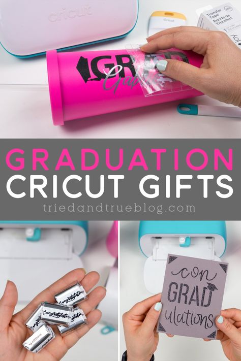 Collage of graduation gifts you can make with Cricut Joy: pink tumbler, chocolate wrappers, and card Graduation Gift Cricut Ideas, Graduation Vinyl Ideas, Customized Graduation Gifts, Graduation Sublimation Ideas, Circuit Graduation Projects, Graduation Gift Box Ideas Diy, Graduation Cricut Projects, Graduation Tumbler Ideas, Party Cricut Projects