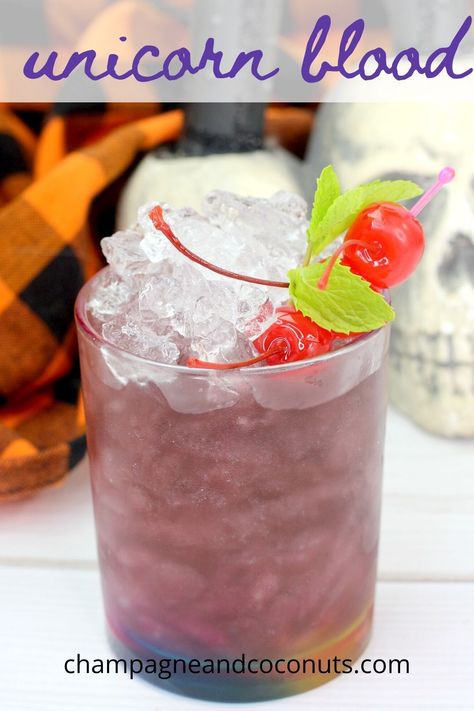 Our Harry Potter inspired Unicorn Blood Cocktail is perfect to enjoy year round, but we really love to serve it for Halloween! It's shimmery and magical looking, and so fun to serve! Made with cherry liqueur, tequila, and coconut rum, it's absolutely delicious. We can see why Voldemort wanted it so much. #harrypotterdrinks #harrypotterrecipes #unicornblood #unicorn #cocktails #tequila #cherryheering #luxardo #malibu #rum Tequila And Sprite, Blood Cocktail, Butterbeer Ice Cream, Harry Potter Cocktails, Harry Potter Drinks, Halloween Themed Drinks, Pumpkin Juice, Cherry Liqueur, Harry Potter Food