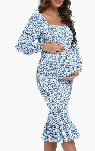 Maternity Summer Floral Midi Bodycon Dresses, Short Puff Sleeve Square Neck Ruffle Hem Mermaid Baby Shower Dress Baby Shower Dresses Blue, Blue Baby Shower Dresses, Baby Boy Shower Outfit For Mom, Baby Shower Dress For Mom, Blue Baby Shower Dress, Maternity Summer, Plus Size Maternity Dresses, Maternity Clothes Summer, Maternity Dresses For Baby Shower