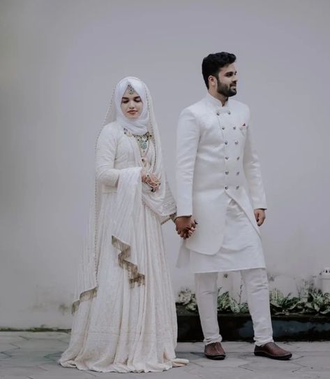 Nikkah Outfits For Bride, Muslim Groom Outfit For Nikah, Muslim Nikkah Dresses, Nikah Dress For Men, Kerala Muslim Bride Dress, Muslim Groom Outfit, Muslim Wedding Dresses Indian, Muslim Nikah Dresses, Nikkah Couple