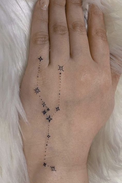 Star Constellations Tattoo Taurus, Taurus Constellation Tattoo Hand, Tattoo Taurus Constellation, Constellation Tattoo Taurus, Taurus Star Tattoo, Taurus Star Constellation Tattoo, Constellation Hand Tattoo, Taurus Aesthetic Tattoo, Taurus Tattoo For Women