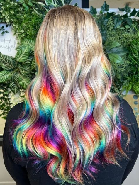 Brighten Your Look: Rainbow Hair Color Ideas for a Bold Summer Rainbow Hair Ponytail, Blonde Hair Rainbow Underneath, Peekaboo Rainbow Hair Blonde, Rainbow Peek A Boo Hair, Secret Rainbow Hair, Light Brown Hair With Rainbow Highlights, Rainbow Hair Balayage, Layered Rainbow Hair, Rainbow Hair Peekaboo