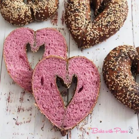 Heart Shaped Sourdough Bagel Heart Sourdough, Simit Recipe, Sourdough Bagel, Sweet Potato Powder, Sourdough Bagels, Valentines Breakfast, Purple Sweet Potatoes, Bagel Recipe, Swiss Roll