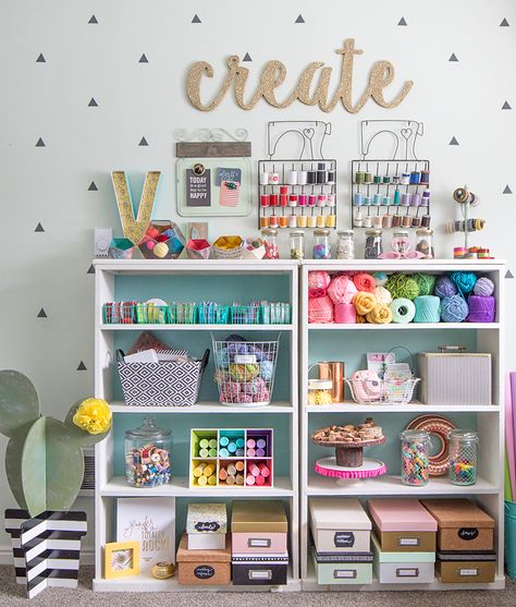 colorful craft room storage and decor Closet Craft Room Ideas, Colorful Craft Room, Room With Bookshelves, Craft Room Closet, Craft Room Design, Modern Crafts, Craft Rooms, Craft Room Storage, Stationery Store