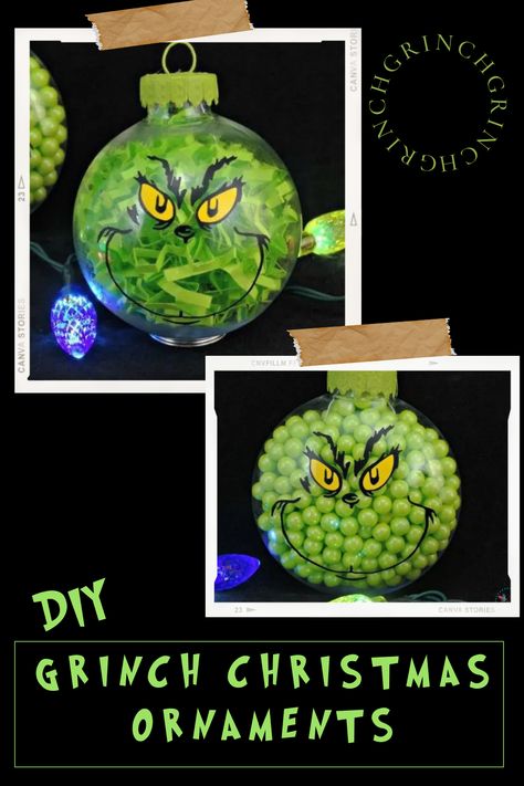 Two DIY Grinch Christmas Ornaments - An Easy Tutorial Diy Christmas Ornaments Grinch, Grinch Christmas Ornaments Diy Kids, Dollar Tree Grinch Ornament, Grinch Diy Decor, Grinch Ornaments Diy How To Make, Grinch Christmas Crafts For Kids, Grinch Ornaments Diy Kid, Cricut Christmas Ornaments Grinch, Grinch Christmas Crafts