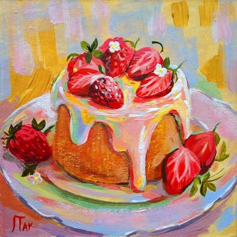 Gouache Ideas, Cake With Strawberries, 귀여운 음식 그림, Arte 8 Bits, Food Painting, Oil Pastel Art, Cute Paintings, Arte Sketchbook, Dessert Cake