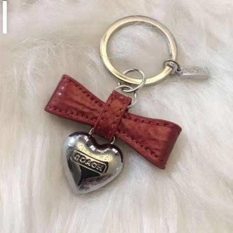 Coach Bow & Heart Keychain Coach Keychain, Heart Keyring, Love Shape, Leather Key Fobs, Gold Bag, Keychain Wallet, Brown Purses, Heart Keychain, Leather Bow