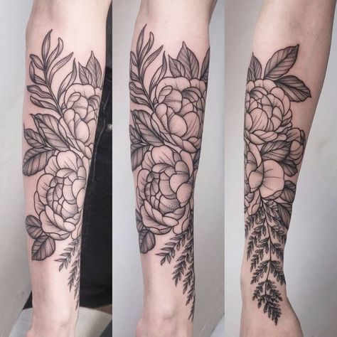 Fern And Floral Tattoo, Flowers And Ferns Tattoo, Fern Peony Tattoo, Flower Fern Tattoo, Fern With Flowers Tattoo, Peony And Fern Tattoo, Botanical Thigh Tattoo, Fern Arm Tattoo, Fern And Flower Tattoo