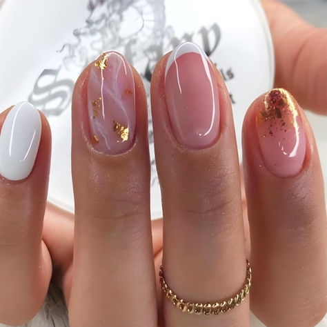 White French Tip Press on Nails Short Almond - WLGDLH Fake Nails Nude Powder False Nails Press Ons with Gold Leaf Design Full Cover White Nail Tips Acrylic Nail Art Kit for Women 24 Pcs. Short Gel Tips Nails Ideas, Gold Gel Nails Designs, Gold Leaf French Tip Nails, Gold Short Nails Ideas, Nail Gel Ideas Classy, White French Tip With Gold Design, Nude And Gold Almond Nails, Nude Nails White Design, Grad Nails Short