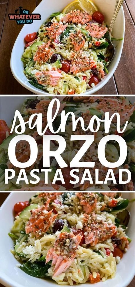 Easy Salmon Orzo Pasta Salad - Delicious grilled lunch or dinner recipe Salmon Orzo Recipe, Salmon Orzo, Pasta Salad Salmon, Smoked Chicken Recipes, Salmon Pasta Recipes, Smoked Salmon Pasta, Orzo Salad Recipes, Outdoor Cooking Recipes, Salmon Salad Recipes