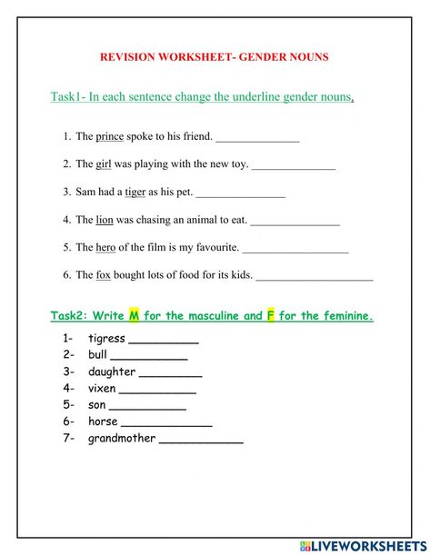 Masculine And Feminine Worksheet For Grade 3, Masculine And Feminine Worksheet, Gender Worksheet, Nouns Exercises, Common Noun, Speech Worksheets, Complex Sentences Worksheets, Worksheet For Class 2, Punctuation Worksheets