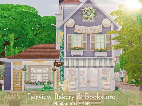 Mini Simmer's Fairview Bakery&Bookstore Sims4 Bakery, Sims 4 Bakery Build, Sims 4 Bookstore, Sims 4 Bakery Cc, Sims Bakery, Bakery Bookstore, Sims 4 Bakery, Sims 4 Cottage, The Sims 4 Lots