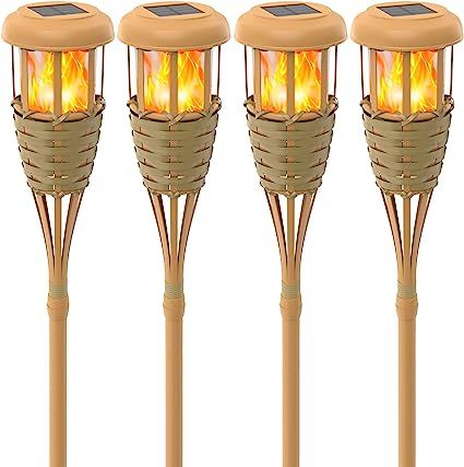 Solar Outdoor Lights, Solar Lights Outdoor, Walkway Lights, Tiki Torches, Real Flame, Outdoor Lighting Landscape, Flame Design, Bamboo Weaving, Pathway Lighting