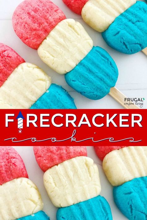 Firecracker Cookies just like a Popsicle. This easy summer dessert on a stick is perfect for July 4th, Independence Day, Memorial Day, Veterans Day or your next red, white and blue party. #FrugalCouponLiving #desserts #redwhiteandblue #fourthofjuly #july4th #popsicle #fireworks #cookies #easycookierecipe #kidsdesserts #cookierecipes #memorialday #veteransday #independenceday #cookiebars #firecracker #popsiclesticks Fireworks Cookies, Dessert On A Stick, Firecracker Cookies, Fourth Of July Recipes, Red White And Blue Party, Kids Baking Championship, Patriotic Recipes, Picnic Desserts, Dollar Diy