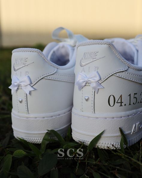 Introducing a new custom design! 🤩✨👟. We’ve been working behind the scenes to create fresh new looks for the Air Force 1s, and we’re excited to unveil one of our latest designs! These stunning bridal kicks are the first of many custom creations we’ve been perfecting. 🎀😍 This is just the start—more designs are coming soon, including some with beautiful lace fabric and intricate floral embroidery. 🧵💐🤍. Stay tuned for more exclusive, custom designs that are as unique as you are! Make sure to ... Air Force 1 Wedding Shoes, Air Force 1 Wedding, Wedding Tennis Shoes, Wedding Sneakers For Bride, Bride Sneakers, Wedding Vans, Bridal Sneakers, Wedding Sneakers, Groom Shoes