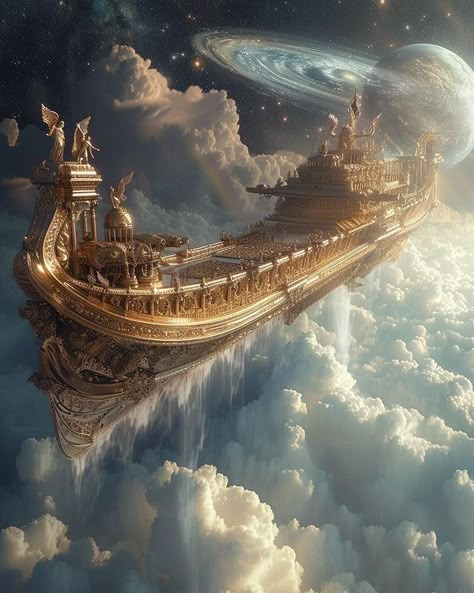 Fantasy Worlds Inspiration, Sailpunk Art, Dream World Art, Fantasy World Aesthetic, Fantasy World Inspiration, Fantasy Ship, Fantasy World Art, Ship Aesthetic, Flying Ships