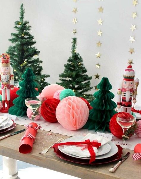 Nutcracker Table Runner, Merry And Bright Christmas Table Decor, Candy Cane Table Setting, Nutcracker Christmas Tablescape, Nutcracker Table Setting, Nutcracker Tablescapes, Colorful Christmas Table, Paper Baubles, Christmas Table Decor Ideas