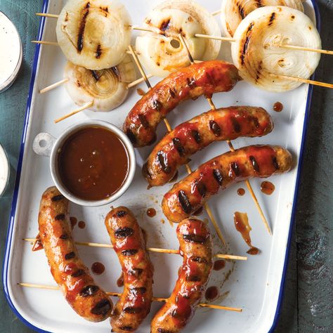 This robust yet tangy Stout-Pickle BBQ Sauce creates an addictively sticky-sweet glaze as these sausages grill. Find more delicious barbecue recipes online. Grilled Sausage Recipes, Birthday Barbecue, Desserts Nutella, Bbq Pork Recipes, Salmon Vegetables, Nutella Desserts, Sausage Dishes, Grilled Sausage, Summer Grilling Recipes