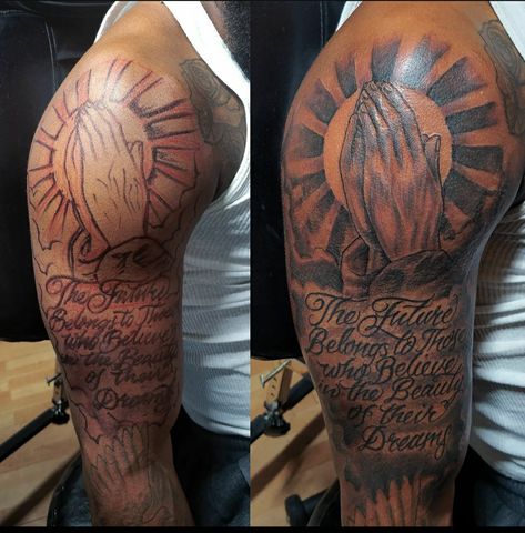 Tattoos On Biceps For Men, Shoulder Writing Tattoo Men, Bible Verse Tattoos For Men Upper Arm, Christian Upper Arm Tattoo Men, Tattoos To Connect Sleeve, Biblical Shoulder Tattoos For Men, Tattoo Ideas For Men Forearm God, Scripture Tattoos For Men Bicep, Sholdertatoos Man