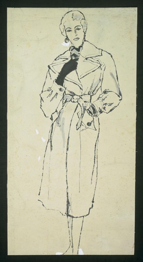 The New School Archives : Digital Collections : Drawing/Painting/Print : Women's Trench Coat with Wide Notched Collar [KA0038_000102] Trench Coat Drawing, Women Trench Coat, Women's Trench Coat, Social Research, Fashion Drawing Dresses, Coat Paint, Figure Study, Historical Images, Woman Illustration