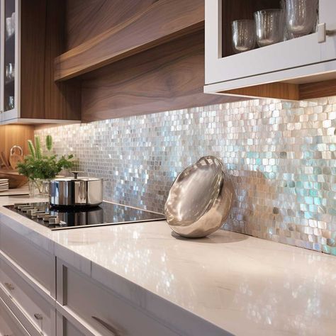 5+ Eye-Catching Modern White Kitchen Backsplash Ideas • 333+ Images • [ArtFacade] White Kitchen Backsplash Ideas, Traditional Backsplash, Pearl Backsplash, Mother Of Pearl Backsplash, Modern White Kitchen, Wooden Countertops, White Kitchen Backsplash, Pearl Tile, Beach House Interior Design