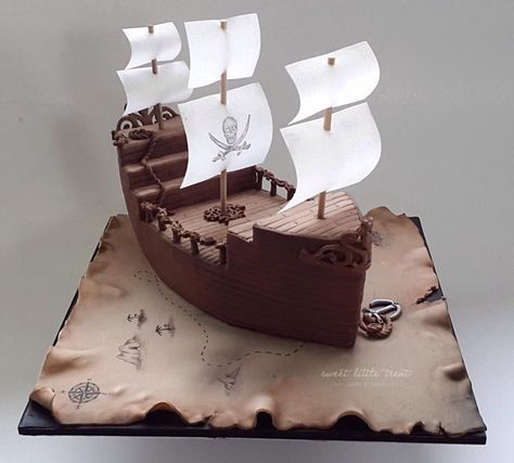 A pirate ship cake made for twin boys 5th birthday. All the details hand painted, the sails are rice paper… So proud of myself for being brave with my airbrush, that thing scares me!!! You can view more of my cakes here:... Pirate Ship Cake, Pirate Birthday Cake, Pirate Ship Cakes, Ship Cake, Boat Cake, Pirate Themed Birthday Party, Incredible Cakes, Pirate Themed Birthday, Pirate Cake