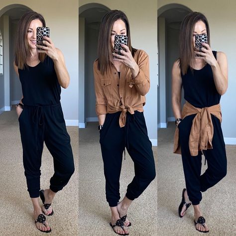 Fall Jumpsuits & Rompers, Black Pant Romper Outfit, Black Romper Outfit Fall, How To Style Black Jumpsuit, How To Style A Jumpsuit Casual, Black Jumpsuit Outfit Fall, How To Style A Black Jumpsuit, How To Style A Jumpsuit, How To Dress Up A Jumpsuit