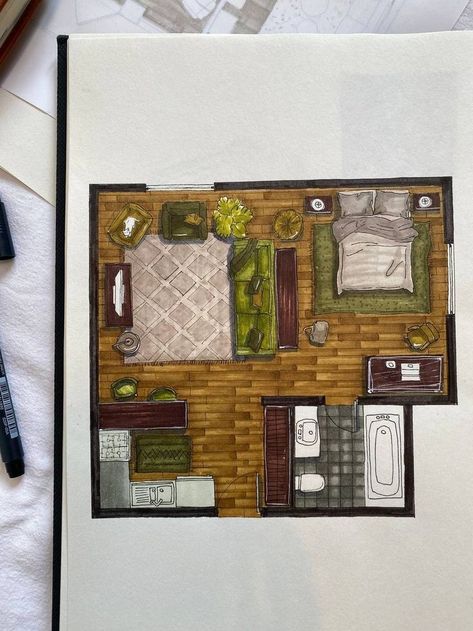 Rendering With Markers, Floor Plan Rendered Markers, Marker Rendering Architecture, Render Floor Plan, Texture Rendering, College Portfolio, Architecture Renders, Marker Rendering, Rendering Architecture