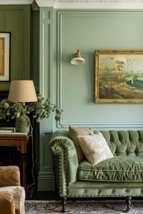 Sage Green Living Room Ideas: Inspiring Ways to Revamp Your Space - Quiet Minimal Moody Green Living Room, Green Living Room Paint, Rustic Leather Sofa, Green Chesterfield Sofa, Grey Tufted Sofa, Batten Board, Sage Green Living Room, Moody Vibes, Green Living Room