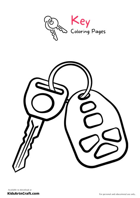 Key Coloring Pages For Kids - Free Printable Check more at https://www.kidsartncraft.com/key-coloring-pages/ Car Keys Drawing, Key Coloring Pages, Annotation Ideas, Key Drawings, Printable Checks, Black And White Outline, Turtle Coloring Pages, Paw Patrol Coloring, Paw Patrol Coloring Pages