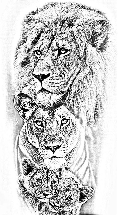 Realist Lion Tattoo, Lions Family Tattoo Design, Lion Tattoo Stencil Drawings, Lion Family Tattoos For Men, Tiger And Cubs Tattoo, Tatoos Woman Chest, Upper Chest Tattoo Female, Lion Family Tattoo, Lion And Lioness Tattoo