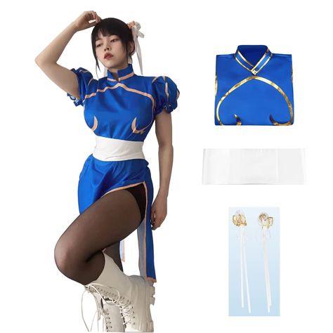 PRICES MAY VARY. Fabric:polyester,soft and comfortable fabric,breathable and not stuffy. Chun Li cosplay:the game Fighter characters,we do a one-to-one restoration of clothing,blue cheongsam so that you have more temperament,waist design shows your perfect body. Style:You can choose from three styles and place an order if you like. Wearable scenes:suitable for cosplay,Halloween,carnival,cosplay events,daily wear,Comic-Con,cosplay conventions,cosplay parties,costume parties and any other occasion Cute But Hot Halloween Costumes, Japanese Costume Woman, Cosplay Ideas Comic Con, Cosplay Chun Li, Drag Couture, Woman Halloween Costumes, Chun Li Costume, Disfraces Ideas, Gym Costume