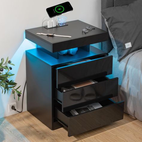 PRICES MAY VARY. 【Wireless & USB & Type C Charging】The smart nightstand is equipped with both USB/Type C and wireless charging function, quickly charge your mobile devices such as mobile phones, tablets, readers, etc, makes charging more convenient. 【10-level Adjustment RGB LED Light】This bedside table with charging station has a RGB LED Light supported APP / remote control, can be adjusted in 16 million colors and 10 levels of brightness. You can adjust your favorite colors as needed to create Black Room Decor, Mens Bedroom Decor, 3 Drawer Bedside Table, Nightstand With Charging Station, Black Nightstand, Wireless Charging Station, Nightstand Set Of 2, Makeover Bedroom, Teen Boy Bedroom