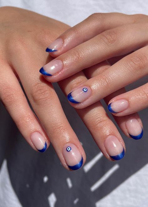 Simple dark blue chrome French tip nails with tiny evil eye art | Live That Glow Dark Blue Nails Evil Eye, Turkish Eye Nails French Tip, Blue French Tip Nail Designs, Blue Chrome French Tip, Blue Chrome French Tip Nails, Dark Blue French Tip Nails, Dark Blue Chrome, Chrome French Tip Nails, Greece October