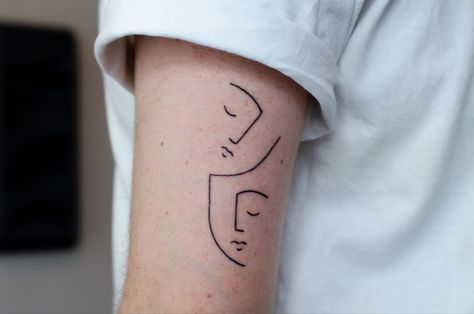 Tattoo minimalist line fineline tattoo Single Line Face Tattoo, Theater Tattoo Ideas, Theatre Tattoo Ideas, Two Faces Tattoo, Line Face Tattoo, Minimal Line Tattoo, Abstract Face Tattoo, Theater Tattoo, Theater Mask Tattoo