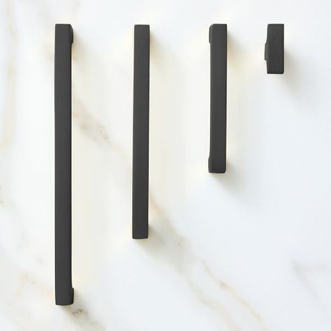 matte black cabinet hardware and drawer pulls | West Elm Matte Black Kitchen Hardware, Black Kitchen Hardware, Black Kitchen Handles, Modern Cabinet Hardware, Black Cabinet Hardware, Matte Black Kitchen, Black Drawer Pulls, West Elm Kids, Unique Cabinets