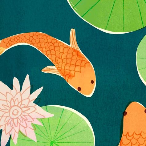 Annie Riker 🎨 Illustration Artist on Instagram: "🎏 Who else loves to watch koi swim in ponds?! 💗 It is one of my favorite meditative joys. 😍 I have had many dreams of having my own koi pond to sit and gaze at someday!!! My 7th (!) Great Outdoors design for @theydrawandgarden and @uppercasemag . #uppercaseandtheydraw #theydrawandgarden #thegreatoutdoors #uppercasemag #editorialillustration #blockprinting #blockprint #linoprint #printmaking #digitalprintmaking #womenprintmakers #printandpattern #linocut #contemporaryprintmaking #printpattern #surfacepattern #surfacedesign #surfacedesigner #woodblockprint #theydrawandgarden #koiart #fishart #fishillustration #fishprint #koi #asiandesign #asianart #japaneseinspired #japanesedesign #printmakingart" Koi Fish Illustration, Koi Pond Illustration, Koi Fish Illustration Artworks, Pond Illustration, Koi Fish Digital Art, River Vector Illustration, River Fish Illustration, Koi Pond Mural, Contemporary Printmaking