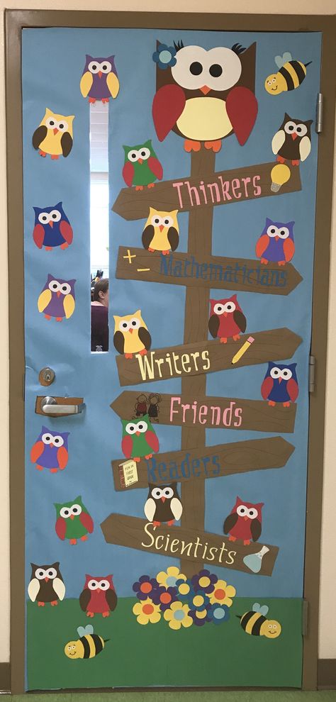 Owl Preschool Theme Classroom Decor, Owl Themed Classroom Door, Owl Bulletin Board Ideas For School, Owl Classroom Door Ideas, Owl Decorations For Classroom, Owl Bulletin Board Ideas Preschool, Owl Door Decorations Classroom, Owl Bulletin Board Ideas, Owls Classroom Theme