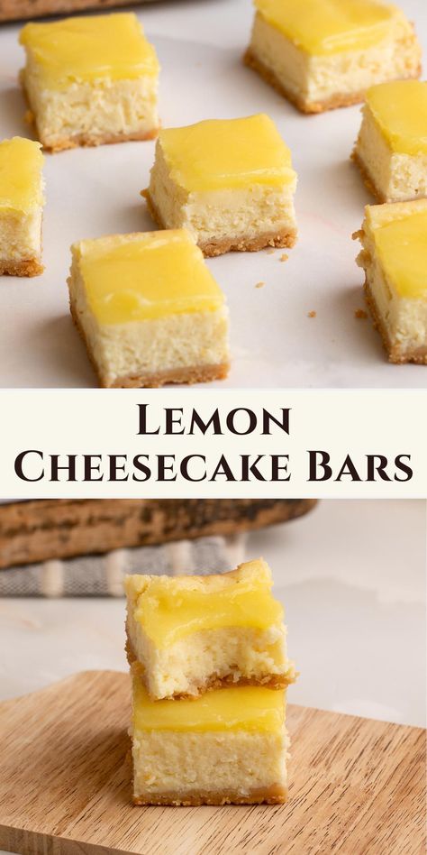 lemon cheesecake bars on parchment and stacked on serving platter. Lemon Cheesecake Brownies, Lemon Bar Cheesecake, Lemon Cheesecake Squares, Lemon Breads, Lemon Curd Bars Recipe, Cheesecake Bars 9x13, Easy Lemon Cheesecake, Lemon Curd Cheesecake, Sweet Slices