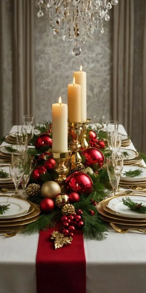 20+ Stunning Christmas Tablescape Settings and Decorating Ideas - HubPages Christmas Dinning Ideas, Christmas Dinner Table Red And Gold, Velvet Christmas Table Setting, Christmas Table Clothes, Red Christmas Dinner Table Decor, Christmas Decor For Dinner Table, Elegant Christmas Dinner Table, Christmas Dinner Party Table Settings, Gold And Red Christmas Table Decor