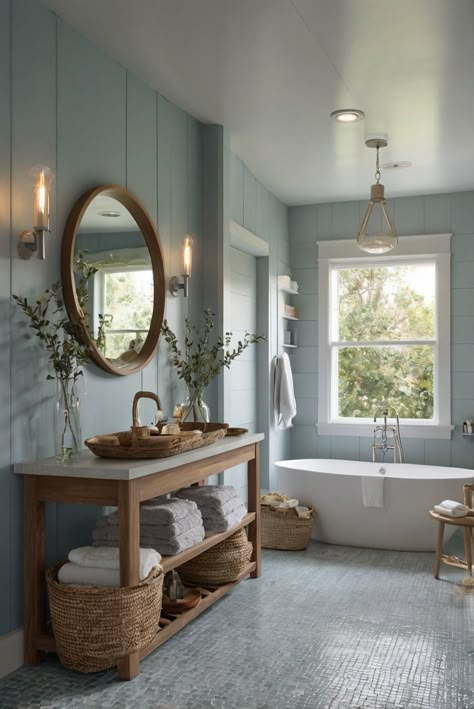 Step into coastal serenity with Pale Smoke (1584)! Discover how hint of smoky blues can elevate your bathroom design in this daily routine with décor tips. #Ad #homedecor #homedesign #bathroom #Painthome interiorarchitecture best Wall Colors for Bathroom Colors Bright Room Colors best colors combinations bathroom bathroom Remodeling Modern Paint Colors 2024 Lake House Bathroom Paint Colors, Master Bathrooms Colorful, Eggshell Blue Bathroom, Large Bathroom Color Ideas, Color Combinations For Bathrooms, Coastal Bathroom Vanity Ideas, Plant In Bathroom Ideas, Beachy Bathroom Paint Colors, Modern Beach Bathroom Ideas