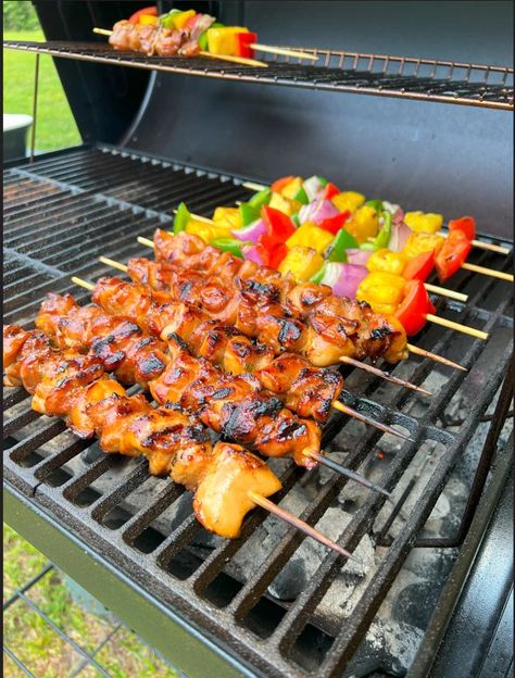 Hawaiian Teriyaki Chicken Kabobs - Char-Griller Smoked Kabobs Chicken Skewers, Hawaiian Teriyaki Chicken, Chicken Shish Kabobs, Hawaiian Chicken Kabobs, Sweet Teriyaki Sauce, Teriyaki Chicken Skewers, Chicken Kabob Recipes, Teriyaki Marinade, Kabob Skewers