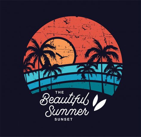 The beautiful summer sunset Logos Retro, Surf Vintage, Vector Art Design, Tshirt Design Inspiration, Summer Svg, Retro Logos, Graphic Tshirt Design, Simple Acrylic Paintings, Trik Fotografi