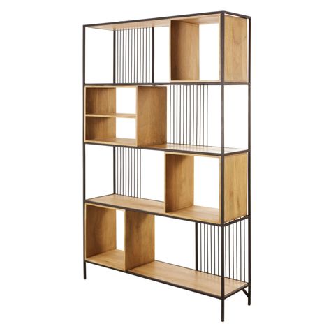 Solid Mango Wood and Black Metal Shelving Unit Wayampi | Maisons du Monde Industrial Racks, Metal Living Room, Wood Shelving Units, Metal Shelving Units, Living Room Partition Design, Door Design Modern, Room Partition Designs, Living Room Shelves, Partition Design