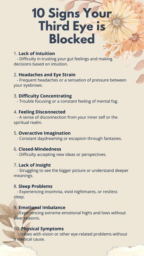 Is your intuition off or are you feeling disconnected from your spiritual self? These could be signs that your third eye is blocked. Learn to identify the 10 common symptoms of a blocked third eye, such as frequent headaches, difficulty concentrating, and emotional imbalance. Recognize the physical and mental indicators, like sleep problems and a lack of insight, that suggest your third eye chakra needs attention. Unlock the secrets to restoring your spiri #FoodHealthTipsHealthTips How To Unlock Your Third Eye, How To Open Your Third Eye, 7 Chakras Meditation, Truth Spell, Balance Chakras, Third Eye Awakening, Frequent Headaches, Chakra Chart, Money Spells That Work