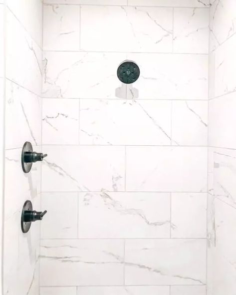 Tiles For Shower Walls, Tile Shower Shelf, Stone Shower Floor, Large Tile Bathroom, Large White Tiles, Master Shower Tile, Large Shower Tile, Marble Shower Walls, Marble Shower Tile