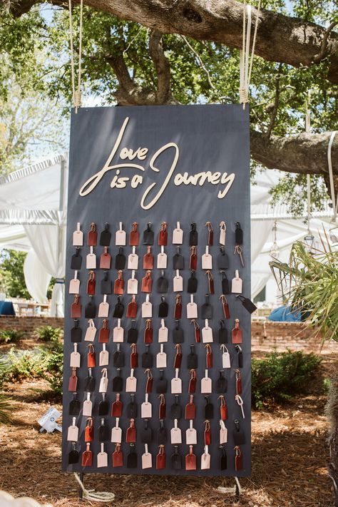 Love is a journey themed escort sign for Charleston wedding #tablesettings Bridesmaids Brunch, Favor Display, Popular Wedding Themes, Wedding Favor Table, Creative Wedding Favors, Inexpensive Wedding Favors, Wedding Themes Summer, Wedding Themes Fall, Travel Theme Wedding