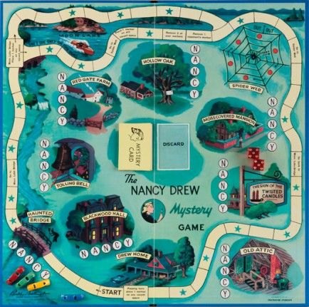 The Nancy Drew Mystery Game board includes many of the popular book titles. Nancy Drew Party, Mystery Board Games, Mystery Art, Nancy Drew Games, Bored Games, Nancy Drew Books, Board Game Design, Salem Massachusetts, Vintage Board Games