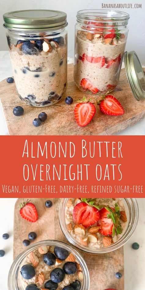 Overnight oat breakfast to-go jars Almond Butter Overnight Oats, Gluten Free Overnight Oats, Dairy Free Overnight Oats, Rolled Oats Recipe, Overnight Oats Vegan, Sugar Free Oatmeal, Sugar Free Breakfast, Sugar Free Fruits, Breakfast Oats Overnight