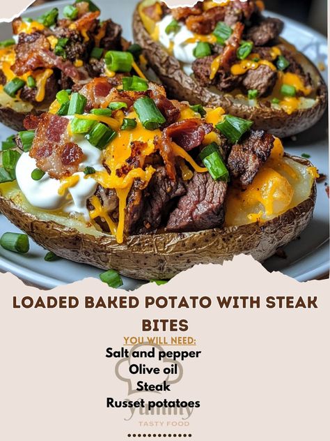 🥔 "Loaded Baked Potato with Steak Bites—crispy potatoes topped with juicy steak and all your favorite toppings! Try it now! 🥩🟠 #LoadedPotatoes #SteakLovers" Loaded Baked Potato with Steak Bites Ingredients: Russet potatoes (4, large) Steak (1 lb, cubed) Olive oil (2 tbsp) Salt and pepper (to taste) Cheddar cheese (1 cup, shredded) Sour cream (1/2 cup) Bacon bits (1/4 cup) Green onions (2 tbsp, chopped) Instructions: Bake potatoes at 400°F (200°C) for 45-60 minutes until tender. Heat olive... Loaded Baked Potato With Steak, Baked Potato With Steak, Steak And Baked Potato, Baked Potato Dinner, Baked Steak, Potato Dinner, Loaded Baked Potato, Filling Snacks, Potato Recipes Side Dishes